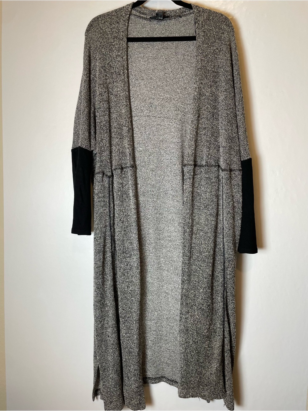 Double Zero Long Open-Front Gray Cardigan with Black Sleeve Panels